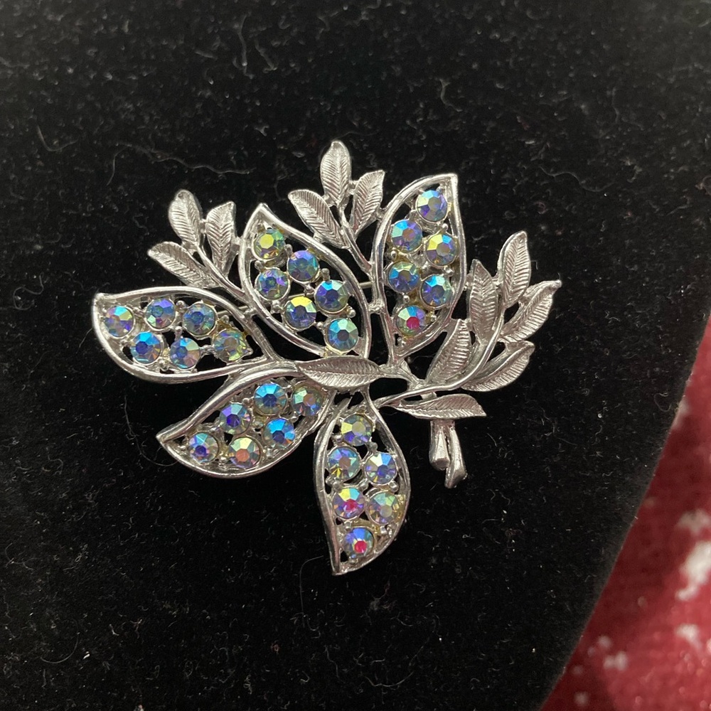 Vintage Aurora Borealis AB Rhinestones Silver Tone Floral Statement Brooch Pin